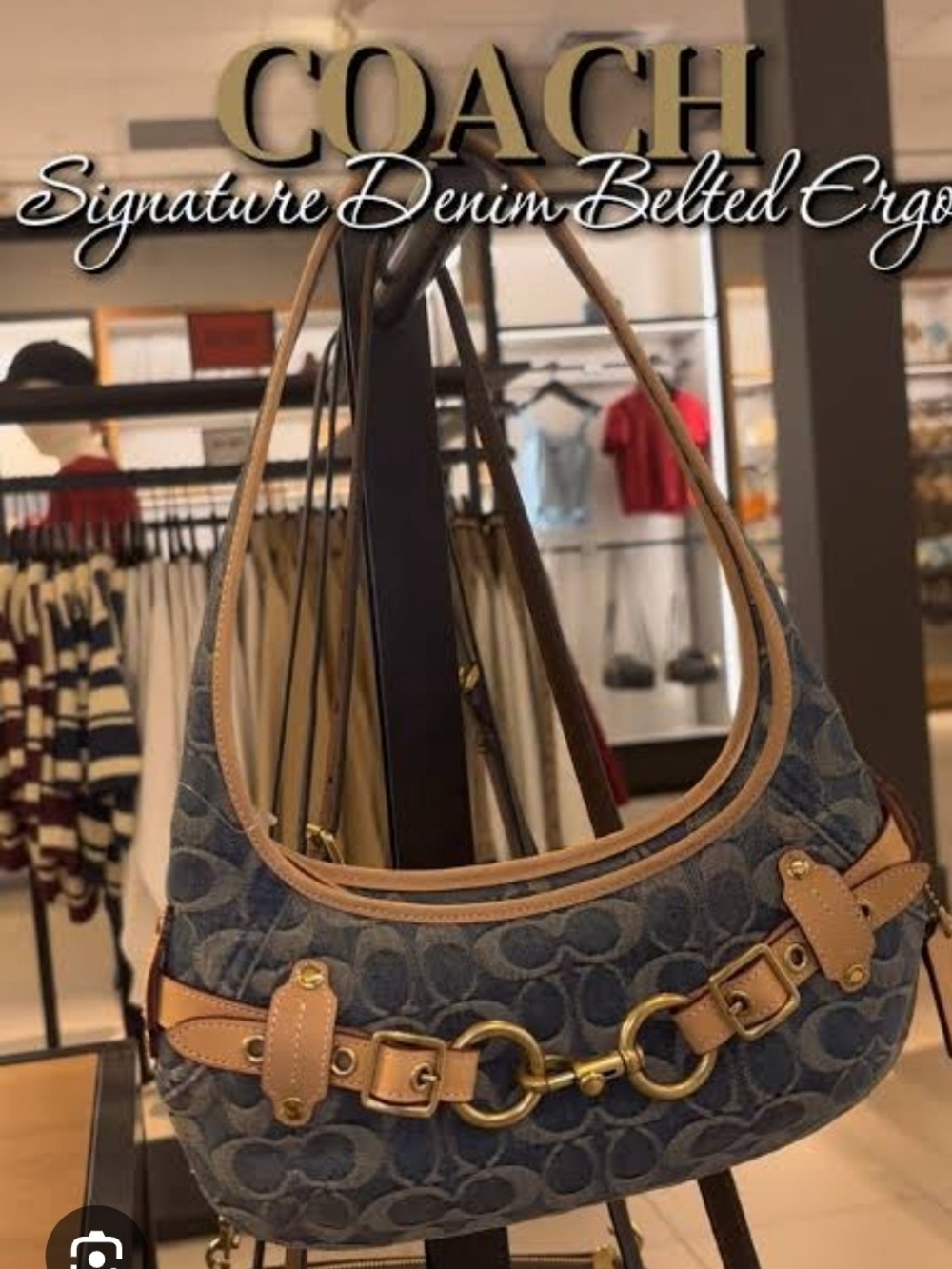 COACH Signature Denim Belted Ergo Shoulder Bag Blue & Tan Gold-Tone Hardware